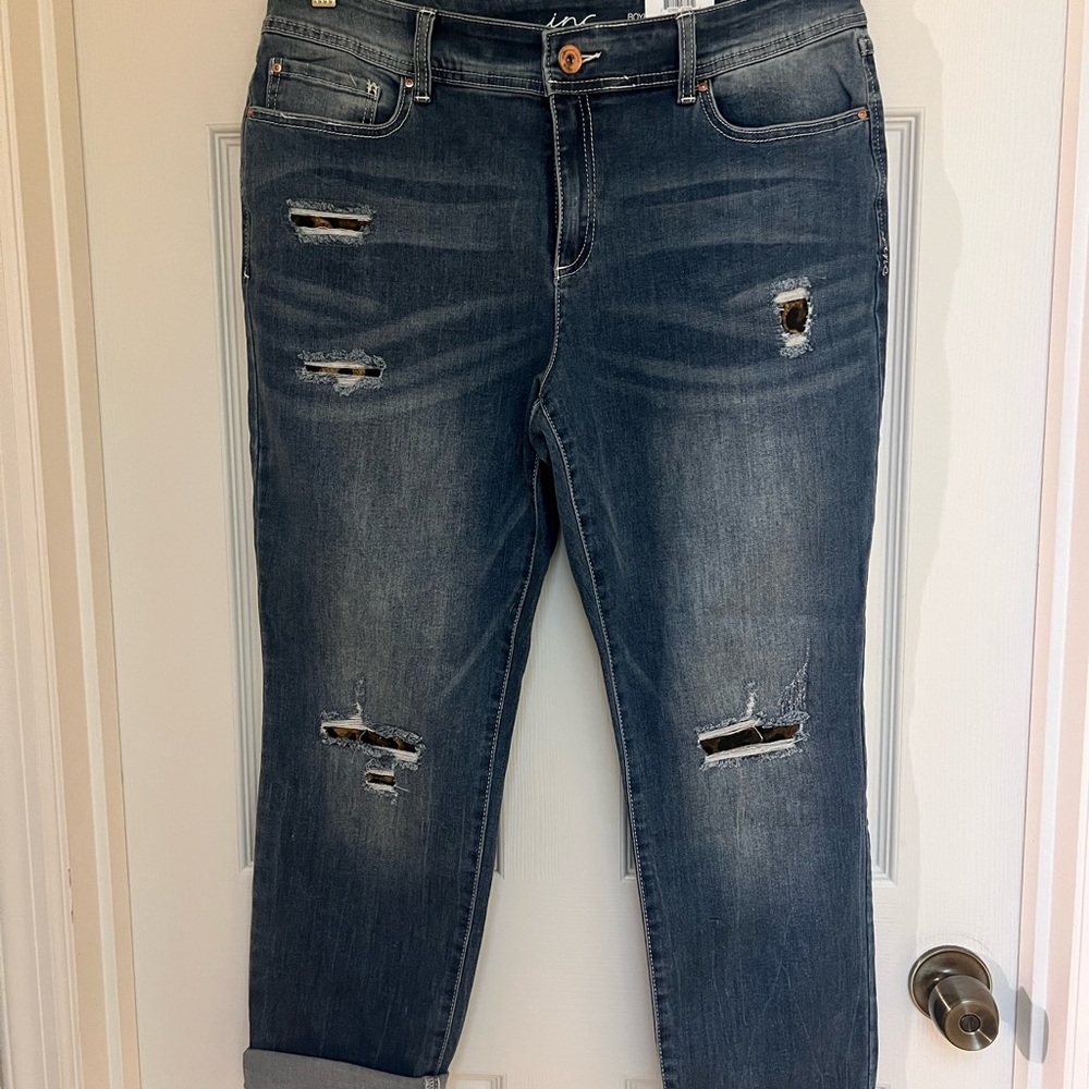 INC International Concepts Dark Blue Distressed Boyfriend Jeans